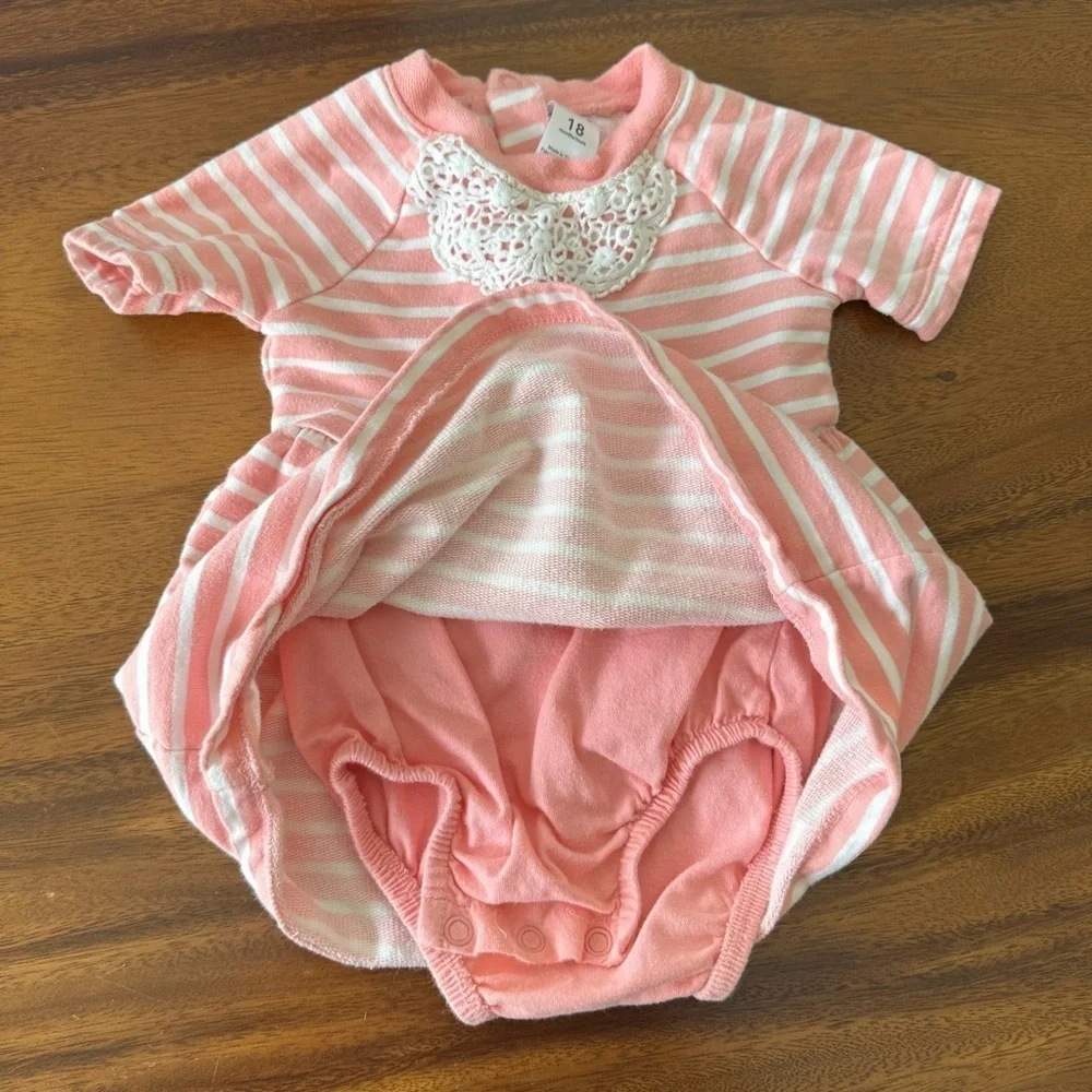 Carter’s Pink Striped Baby Girl Dress Lace Collar Accent 100% Cotton Size 18M